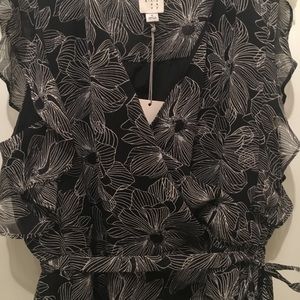 Black/ White Printed Floral Faux Wrap Dress